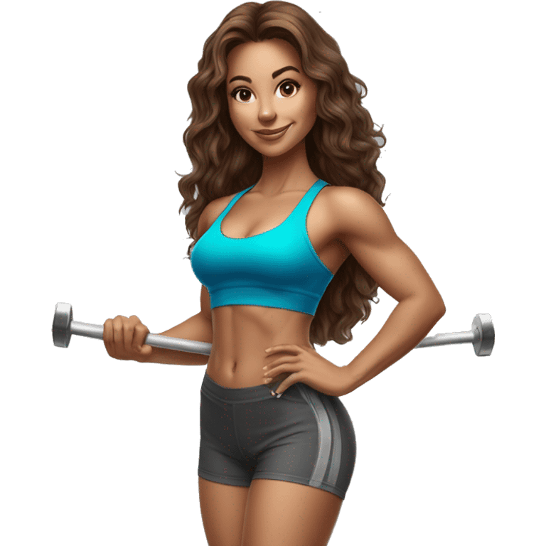 Hyperrealistic pencil drawing of athletic sexy girl in full height with brown hair and barbell emoji