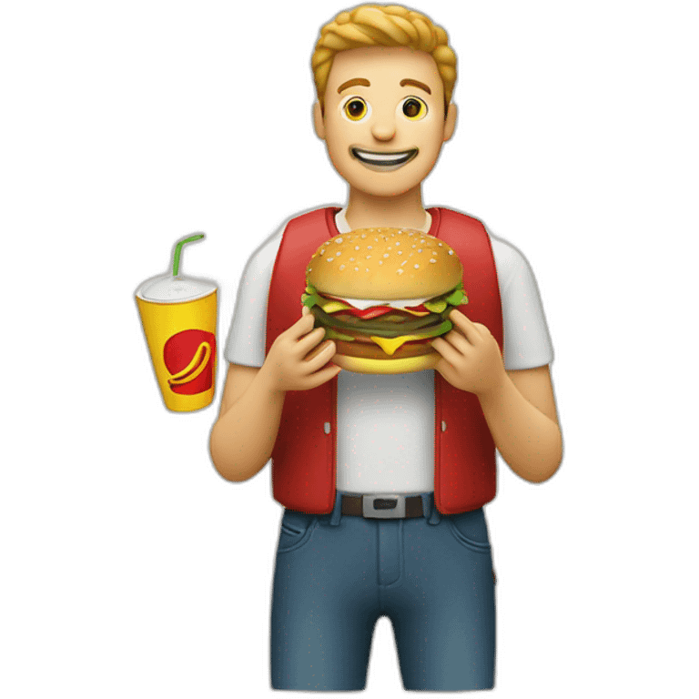 a man eating burger and Macdonald logo emoji