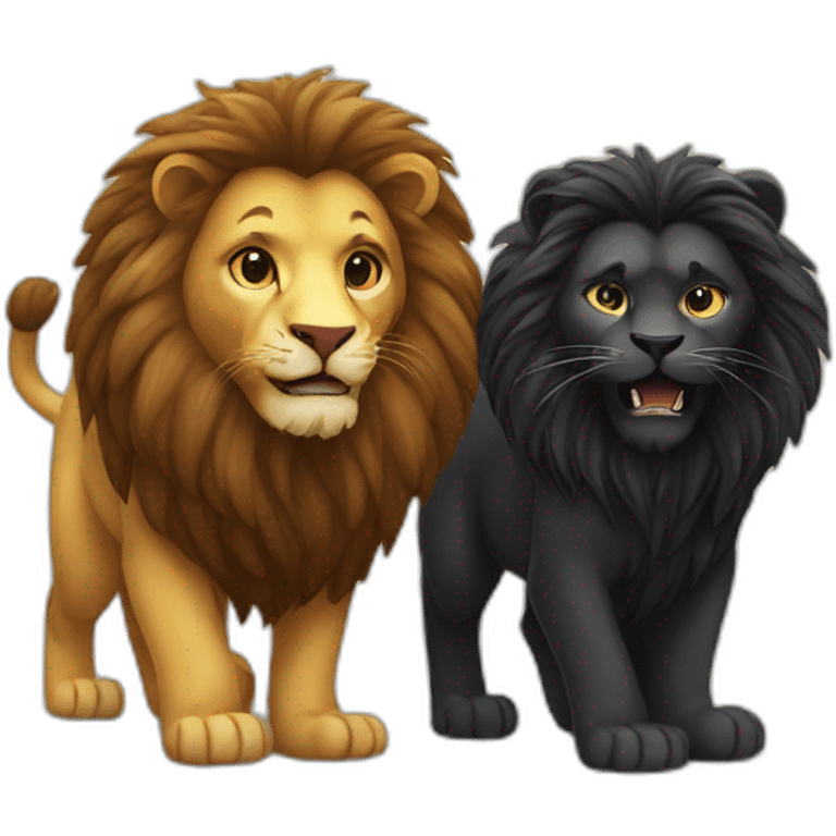 Black small cat and big lion playing emoji