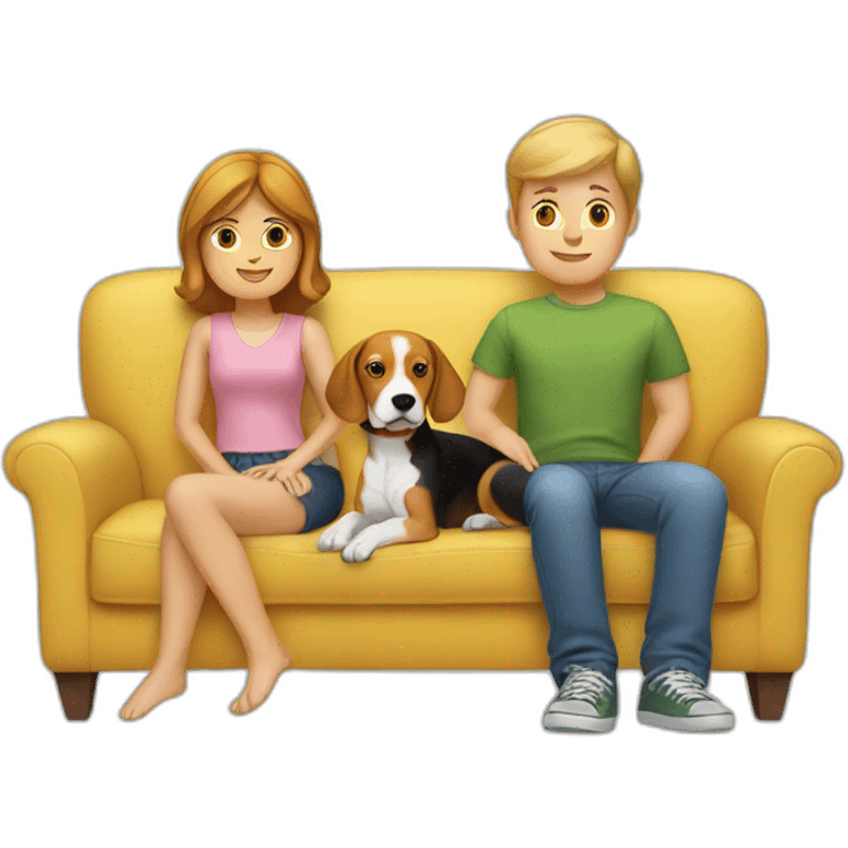 White boy and girl with beagle Sit on couch emoji