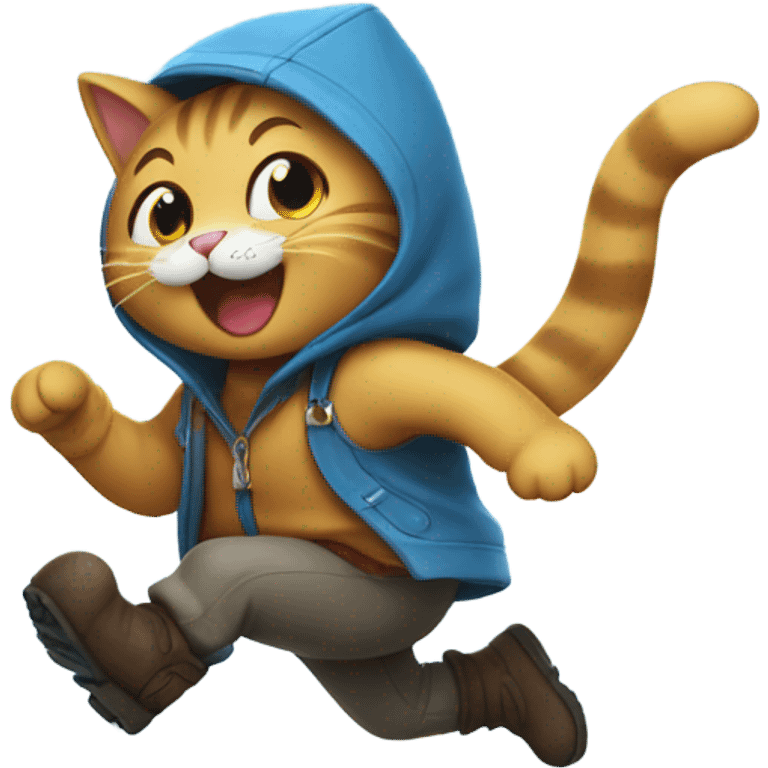 Cat wearing boots and laughing while running in the rain emoji