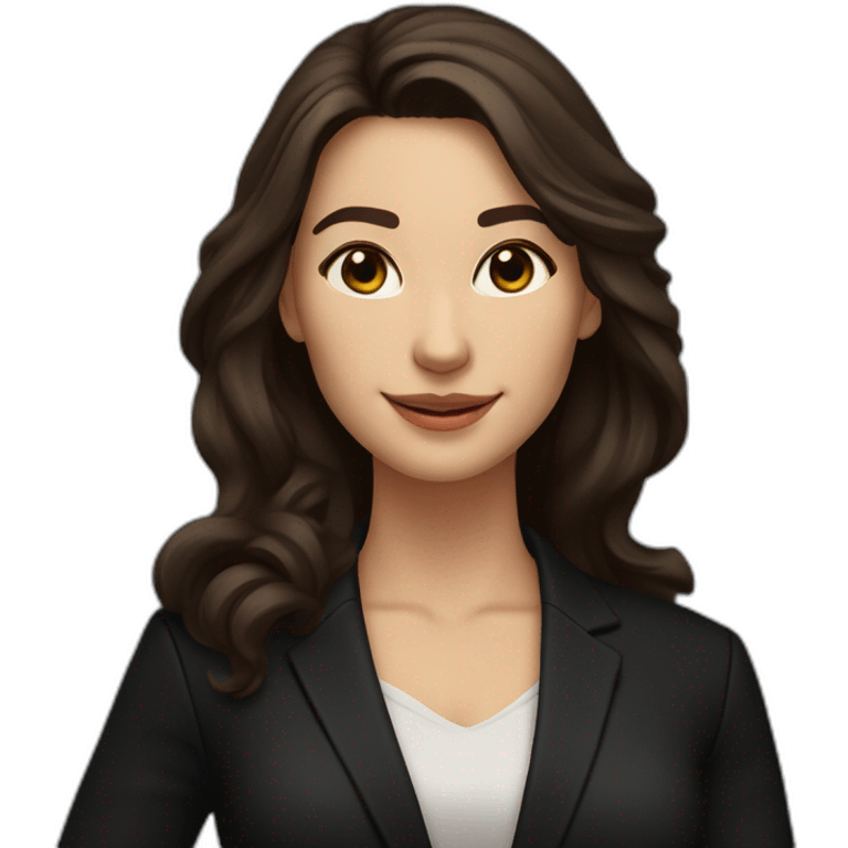 Caucasian Woman with voluminous long dark brown hair, dark brown eyes, pretty smile, dressed with a black blazer and pointing upwards emoji