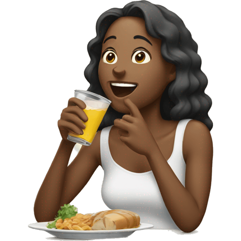 Woman eating and drinking while laughing  emoji