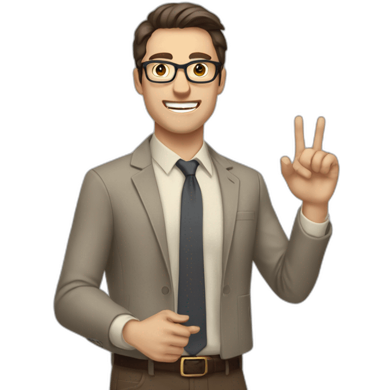 To belt Actively gesturing with hands Pale skinned fit man with dark brown hair in gray jacket, beige office shirt, brown tie, brown pants and vintage glasses. emoji