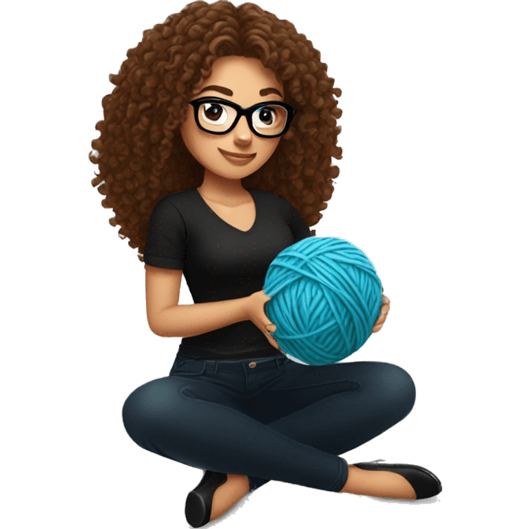 pretty Hispanic woman with long brown curly hair holding one ball of yarn with both arms wearing a black shirt and black glasses emoji