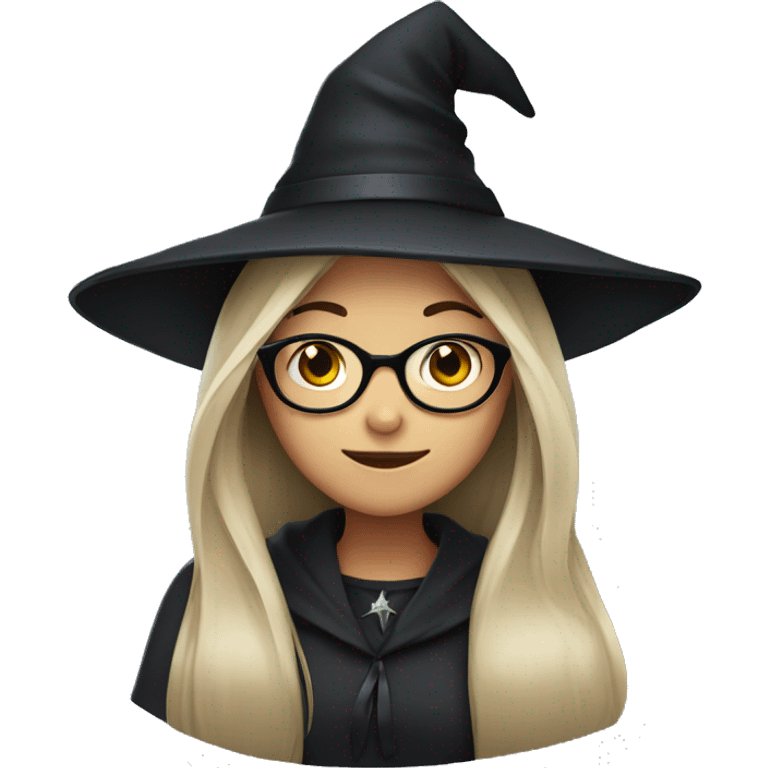 girl with black straight long hair, glasses and witch hat emoji