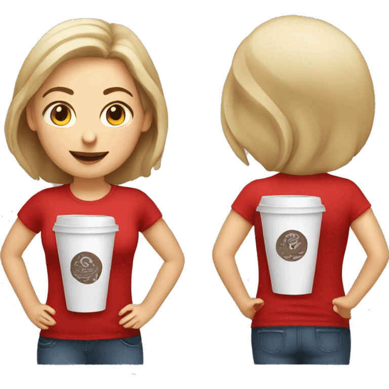 white barista girl in a red t-shirt with a cup of coffee emoji