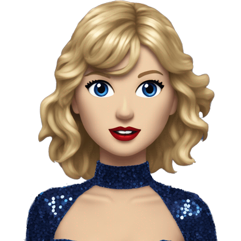 Realistic Taylor swift wearing navy blue glittery sequin bodysuit with tassels and gems and long hair with red lipstick and blue eyes  emoji