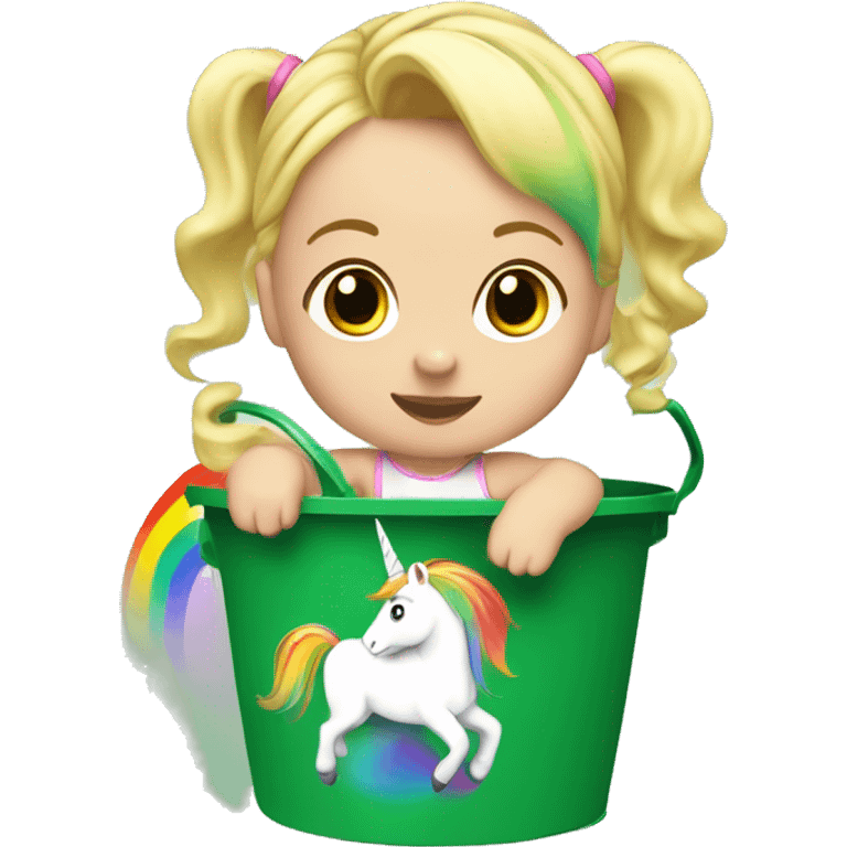 Blonde baby girl, inside of a green bucket riding a unicorn with rainbow hair ￼ emoji