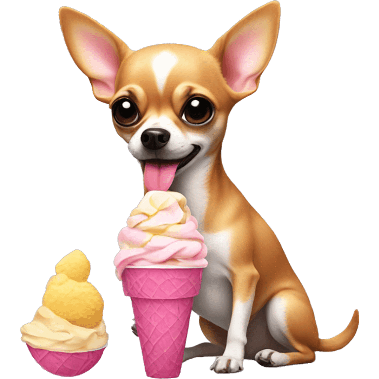 Chihuahua eating ice cream sitting in flamingo emoji