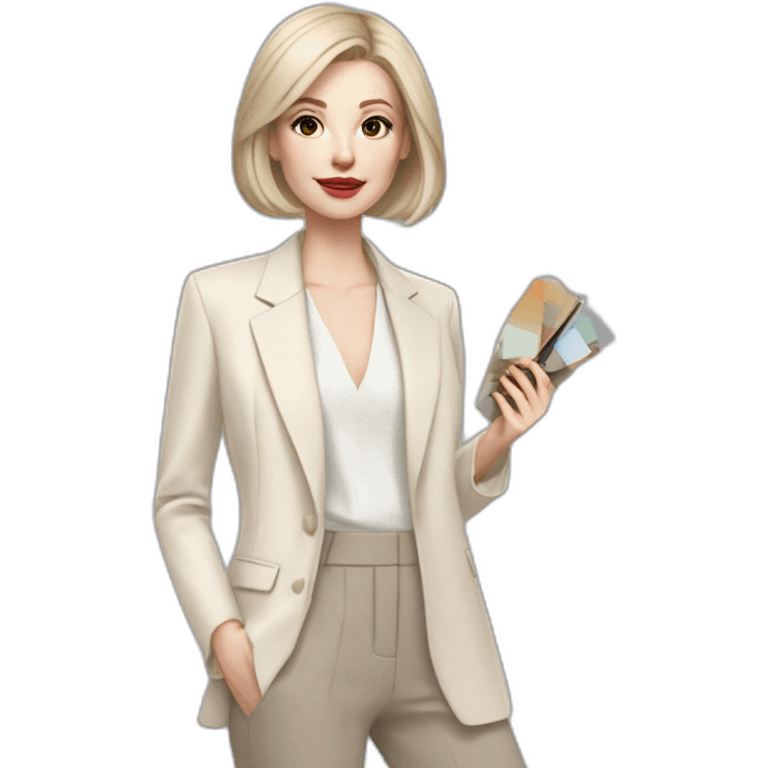 pale skin woman with ash blonde Straightened bob Hair, White Spacious classical jacket, beige palazzo Arrow pants and gray blouse holding a color palette in the hands emoji