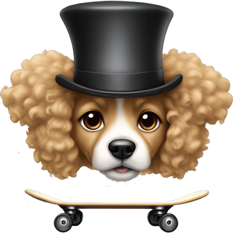  dog with light tan curly short fur, very very long ears down. dark brown eyes, mouth closed. wearing a top hat on a skateboard emoji