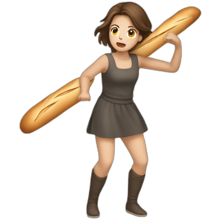 Brown hair girl fighting with baguette emoji