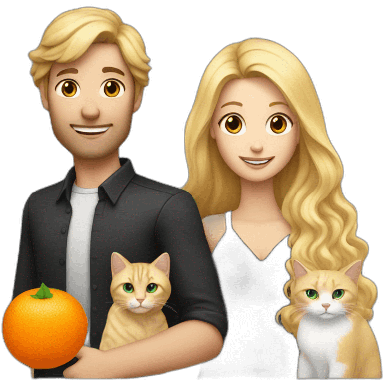 A couple consisting in a white man with long black hairand a blonde white woman holding an orange and white cat with long hair emoji