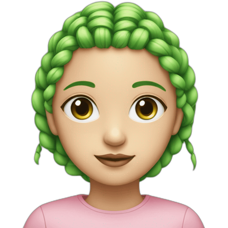 A girl with 3 green and pink braids and green eye with one blockchain dot under each eye emoji