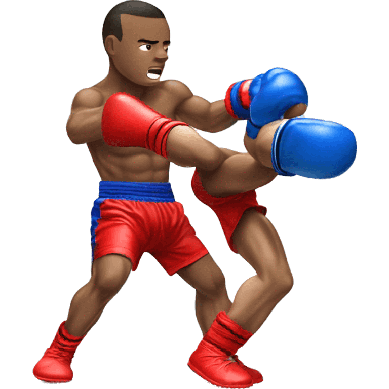 A Muay Thai Boxer in blue shorts knocking out his opponent in red shots emoji