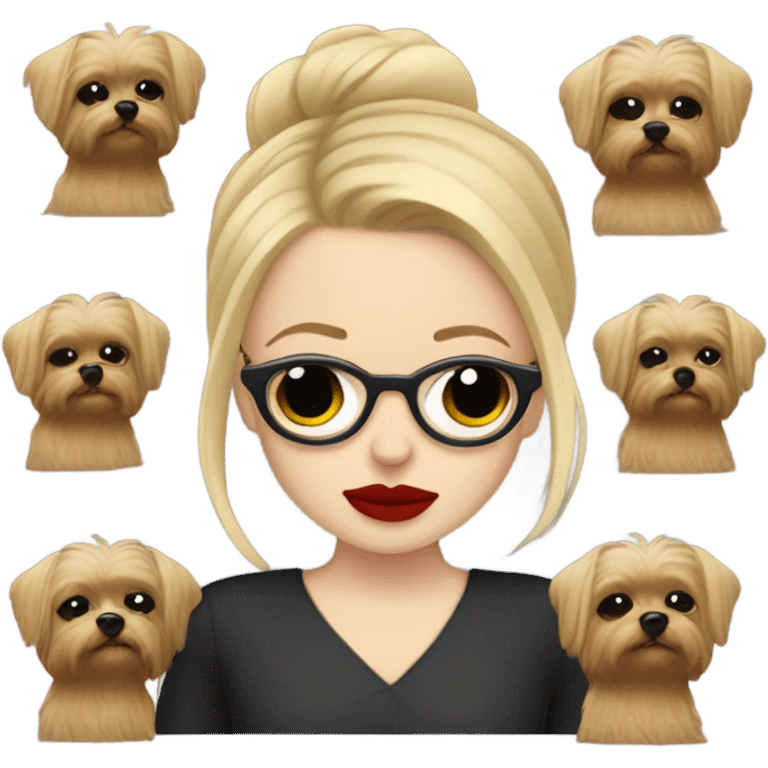 White girl, blonde hair, eyes closed, red lipstick,  wearing glasses hugs Yorkshire terrier  emoji