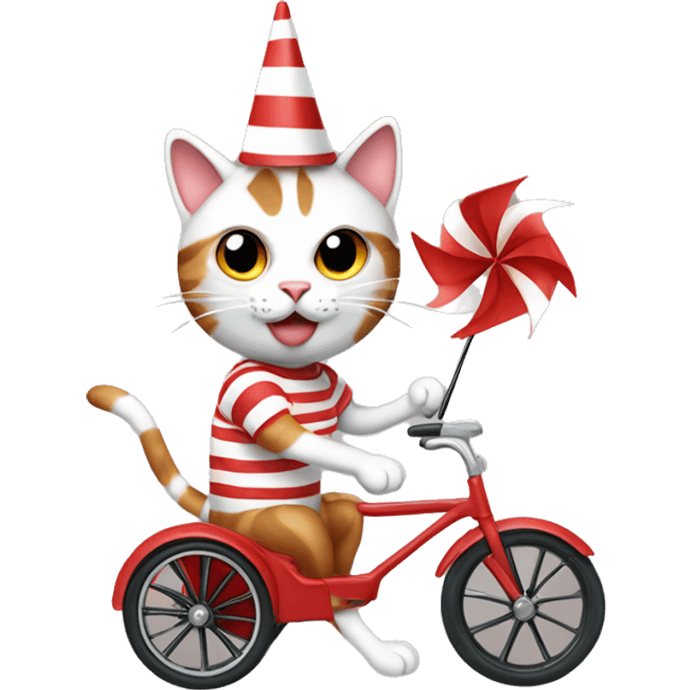 Silly cat with a pinwheel hat, red and white striped shirt, and a tricycle emoji