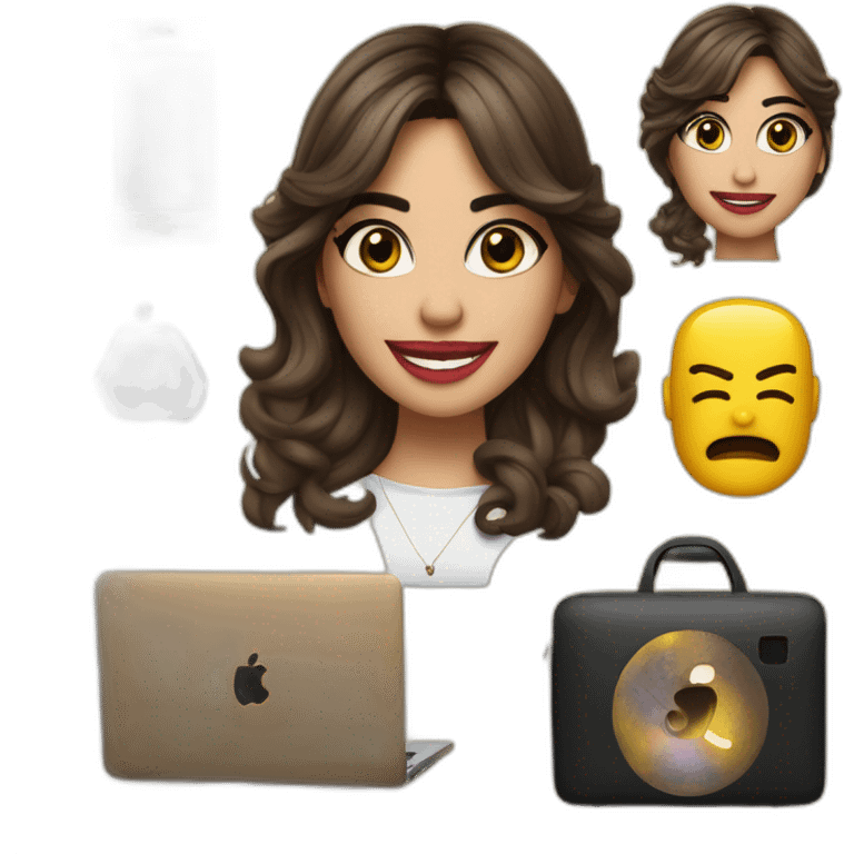 mujer simil lali esposito, pelo lacio, con una mac y un iphone emoji