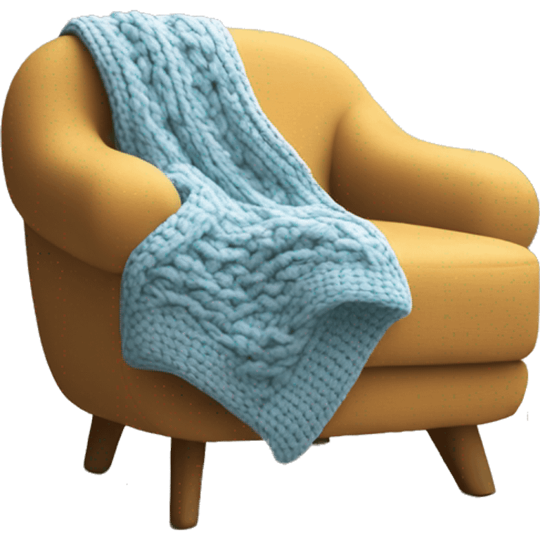 Design an inviting emoji of a chunky knit blanket folded on a comfy chair, with a cup of coffee nearby, evoking a cozy home setting. emoji