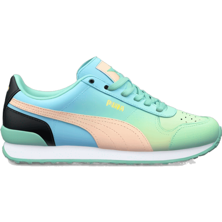 Realistic Isolated pair of pastel blue pastel green peach and black ombre Puma sneakers facing forward.  emoji