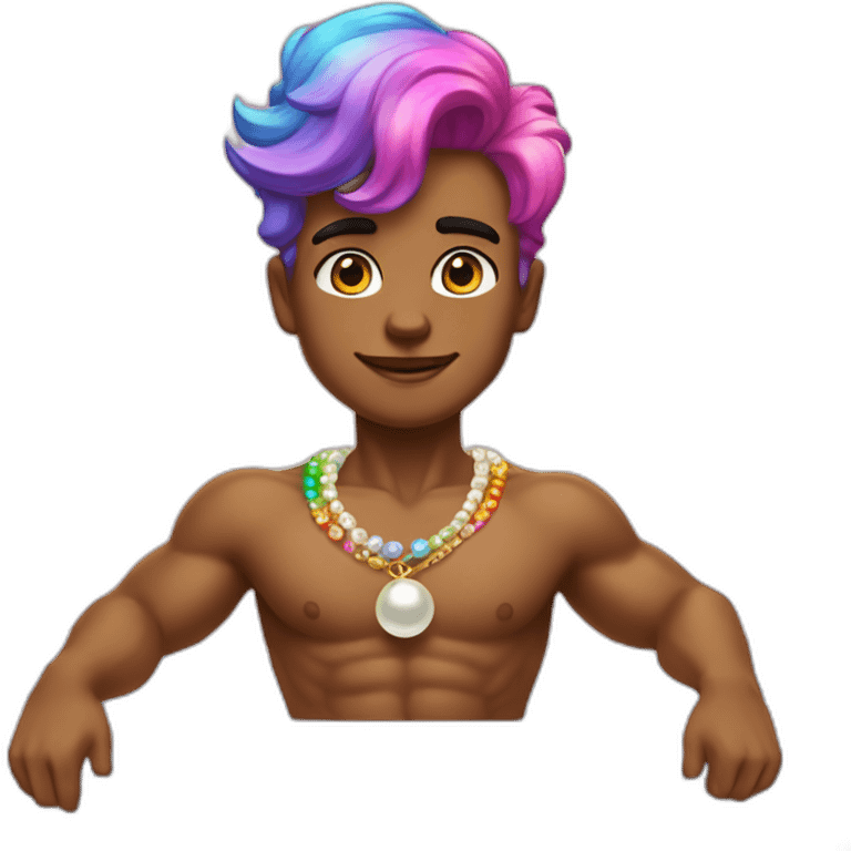 Posh-muscle-boy-with-pearl-necklace-and-rainbow-unicorn-hair-in-golden-bathtub emoji