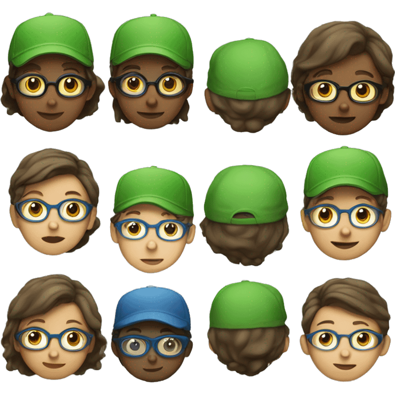 Child with brown hats and blue glasses and a green t-shirt and white complexion and brown eyes  emoji