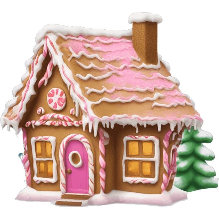 Gingerbread house with pink door and snow emoji