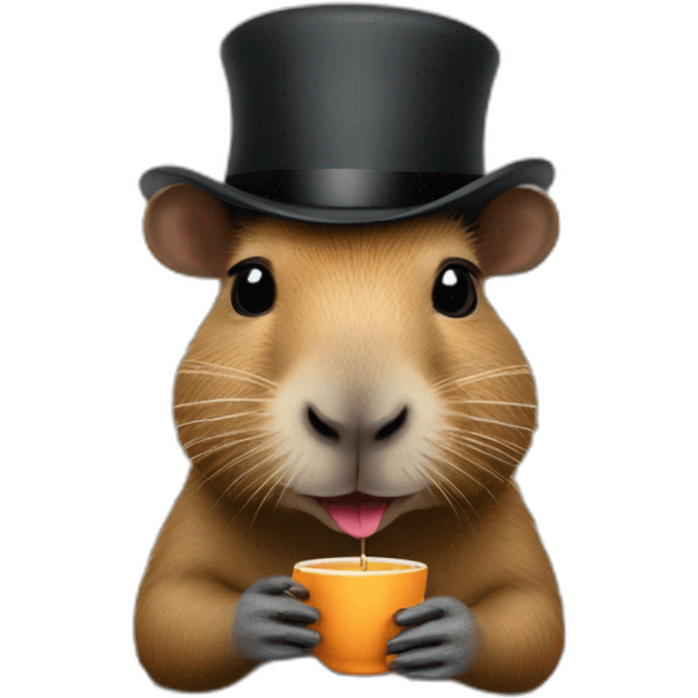 A capybara with an eyeglass and a bowler hat is sipping a cup of tea emoji