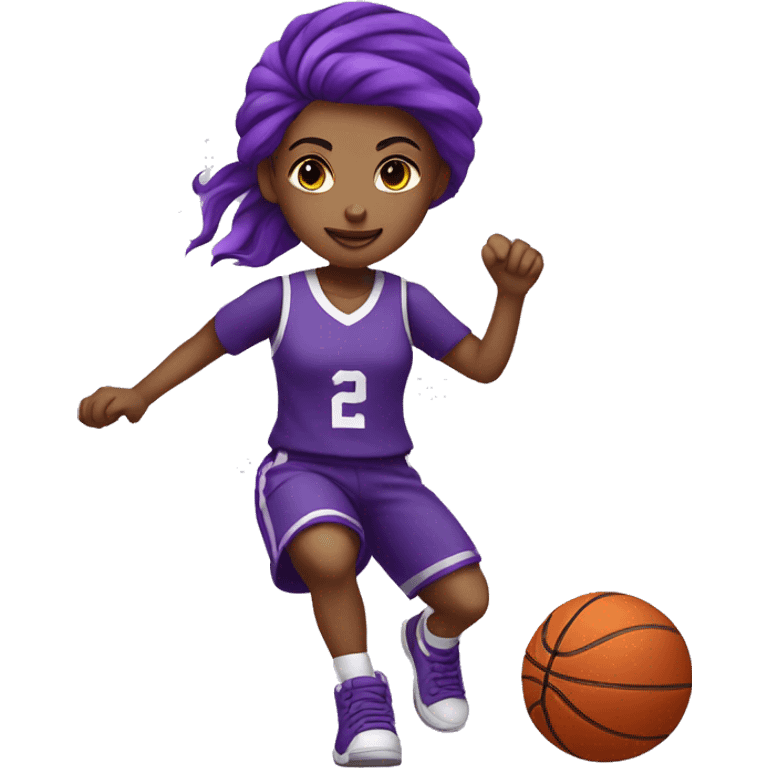 The girl with purple hair and purple uniform is playing basketball emoji