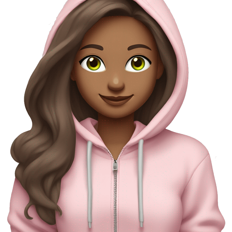 a girl with brown long hair, fair skin, green eyes, works relaxed and smiling at a modern laptop in a monochrome pale pink zip hoodie with a hood and a pink monochrome T-shirt emoji