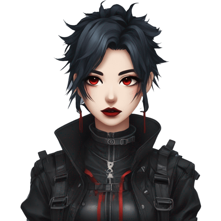 Gorgeous gothic dark techwear anime style lady with blushing face aesthetic and pretty edgy black red punk messy hair with collar and harness trending style emoji