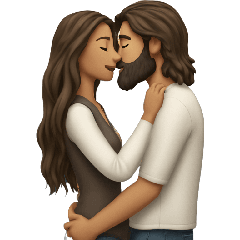 A couple in love, he with a beard, she with long hair, the brunettes are white, they kiss against the background of the mountains emoji