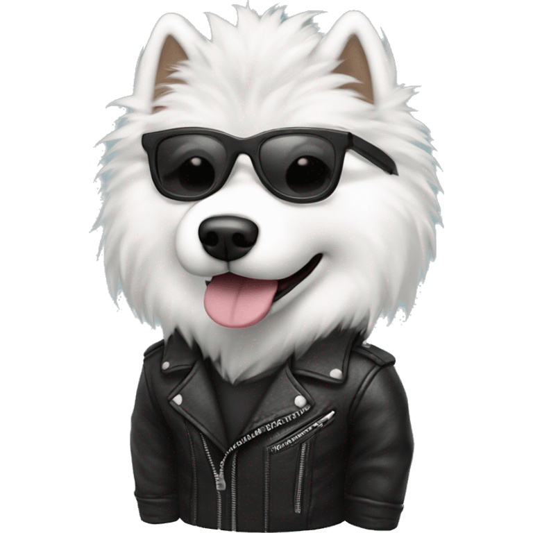 Samoyed dog wearing a leather jacket with black glasses  emoji