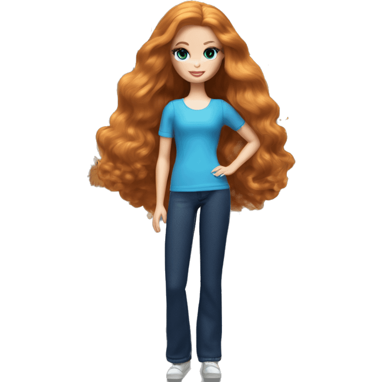 Barbie girl with long ginger hair and blue eyes Holds in her arms Black Maine coon emoji