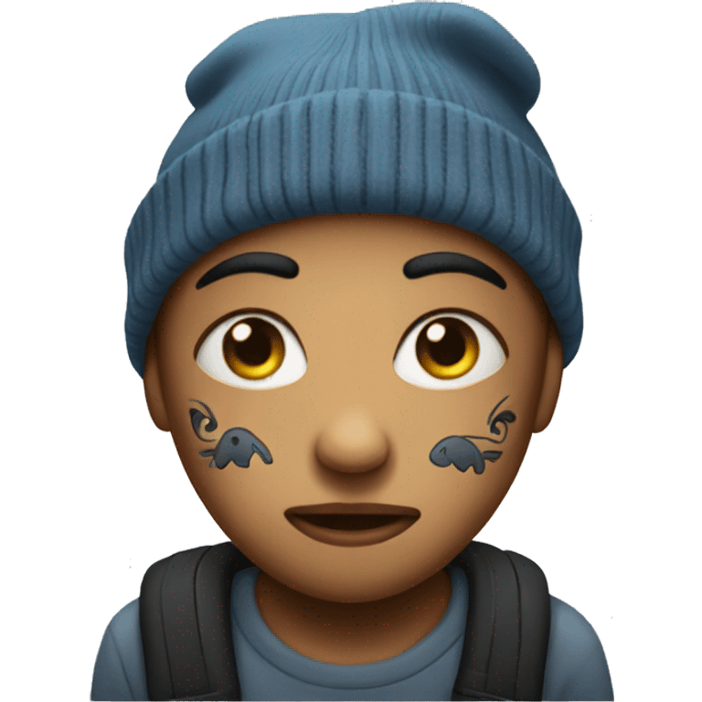 An emoji sad face with face tattoos and a beanie emoji