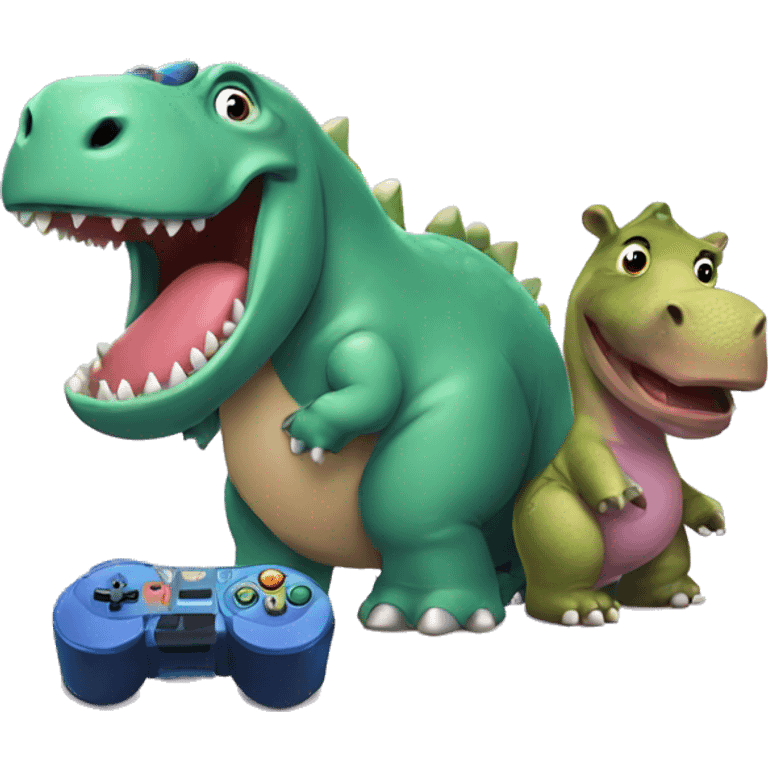 Dinosaur and hippo playing video games emoji