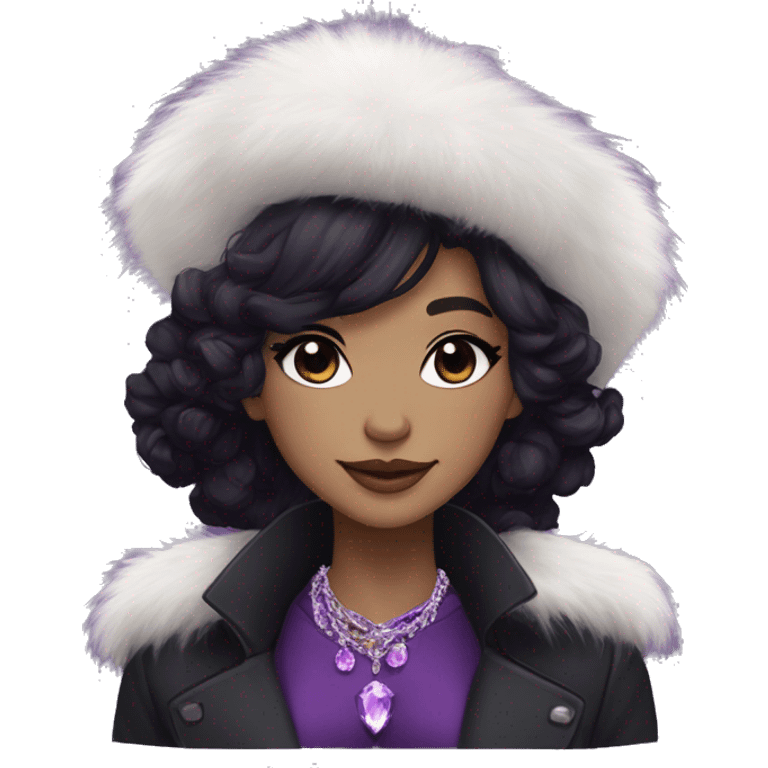 black hair,pale, long messy hairstyle, beret hat, purple eyes, smile, long black trench coat with white fur around the neck, purple crystal earrings, purple crystal necklace, black pants emoji