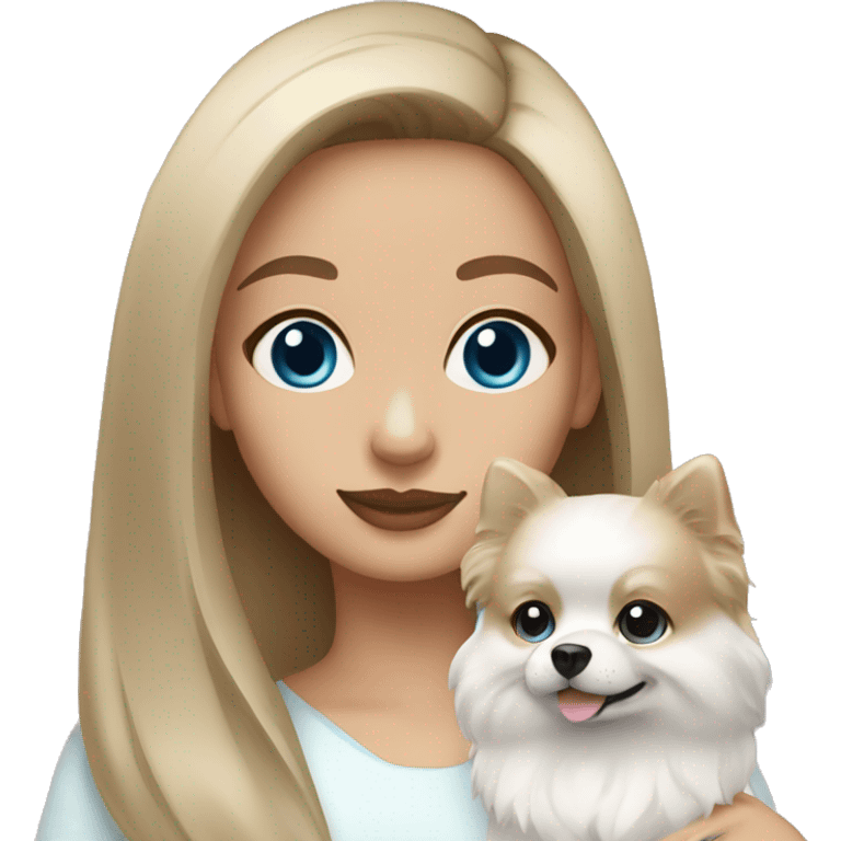 Brunette girl with light skin and blue eyes holding a white pomeranian  emoji