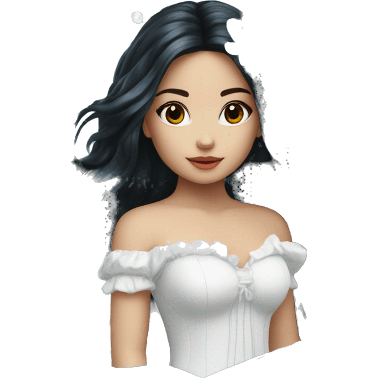 Pretty young Lady doll posing posed pose with long black hair flowers in hair white dress surrounded by flowing water emoji