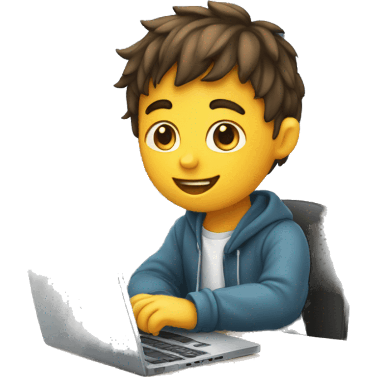 a boy sitting on a computer writting code (with code on laptop preview) emoji