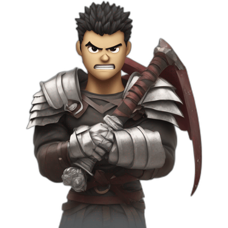 angry berserk guts carrying a huge sword on his shoulder framed on his bust emoji