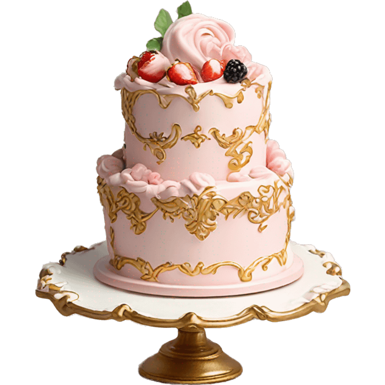 aesthetic vintage rococo cake with white icing, pale pink icing, berries on a gold and white ceramic plate stand  emoji