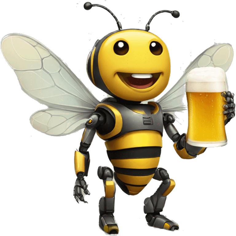 Robot bee with big smile drinking beer emoji