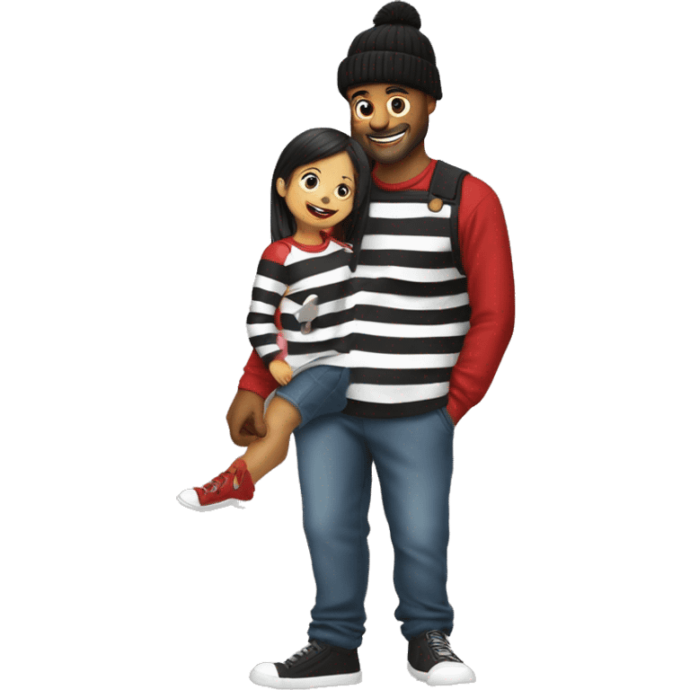 Man in black and white striped long sleeve shirt and black beanie picking up his daughter who is a small kid wearing red shirt with overalls  emoji