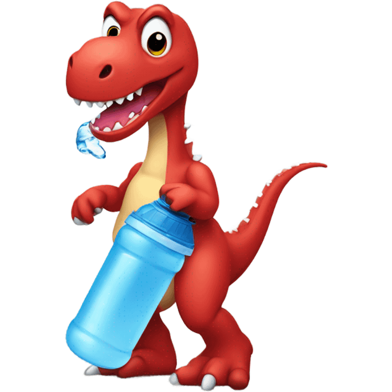 A red trex with a water bottle, wearing a black bow emoji