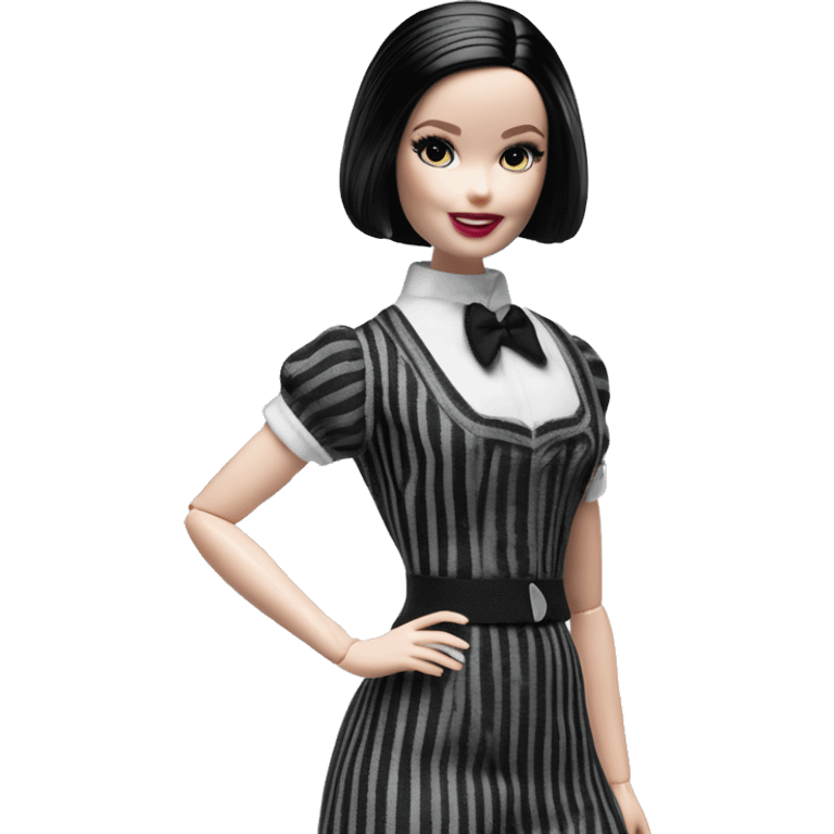 Silkstone Lingerie Barbie. Wednesday Addams from academy. Smiling. Dark-gray and black striped outfit. Very Pale-white porcelain skin.  emoji