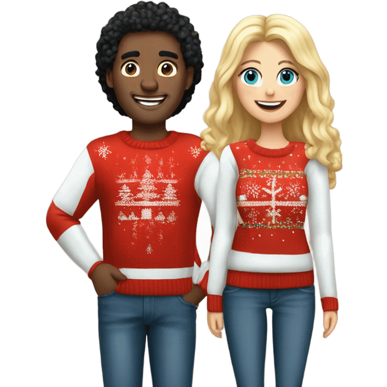 Happy white couple wearing Christmas jumper and blue jeans, man with black hair, woman blonde long hair  emoji