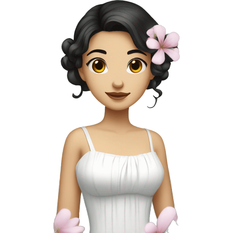 Pretty young Lady with black hair flowers in hair white dress surrounded by flowing water emoji