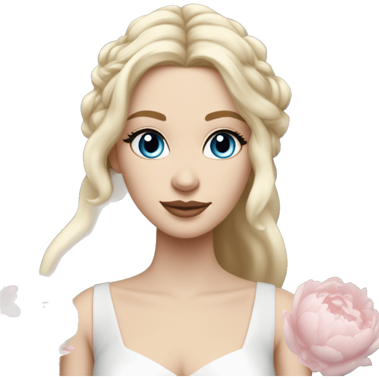 White bride with long light blonde hair and blue eyes with light pink peonies in hair white skin  emoji